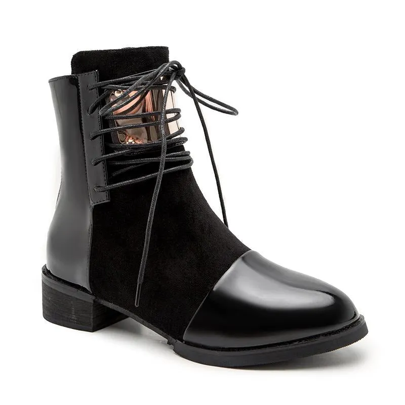 Lace-up Round Toe Low Heeled Back Zipper Boots