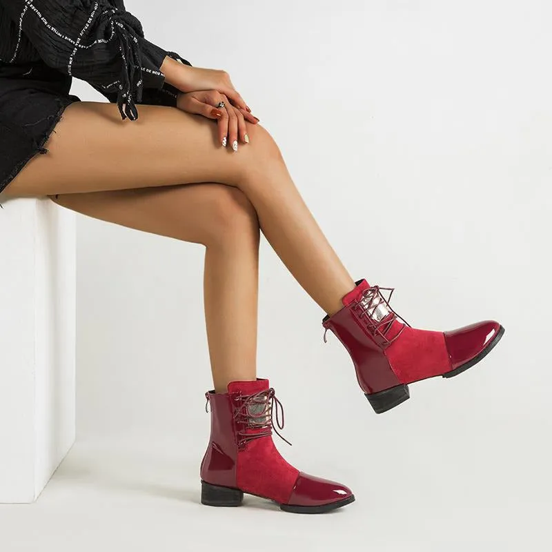 Lace-up Round Toe Low Heeled Back Zipper Boots