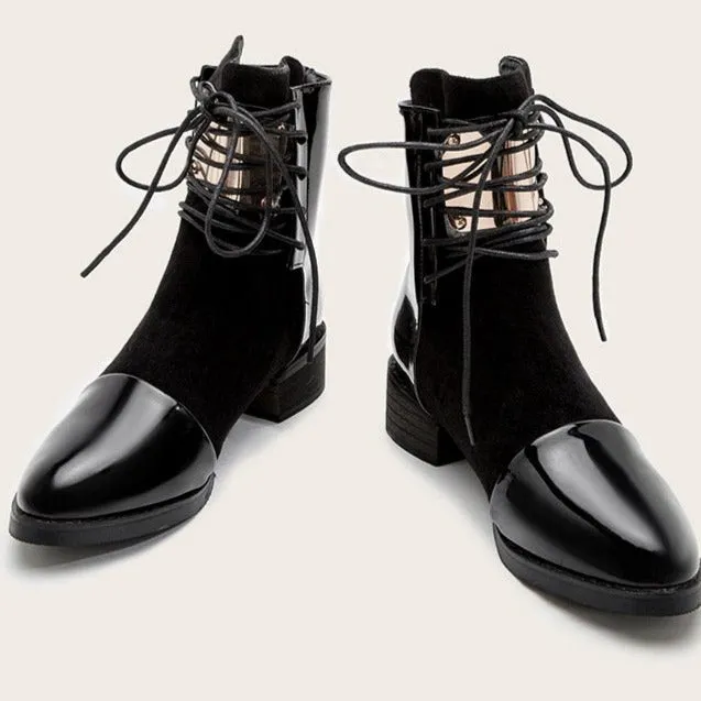 Lace-up Round Toe Low Heeled Back Zipper Boots