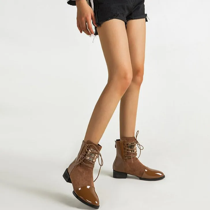 Lace-up Round Toe Low Heeled Back Zipper Boots