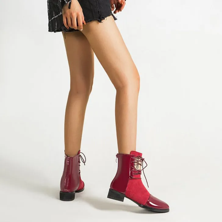 Lace-up Round Toe Low Heeled Back Zipper Boots