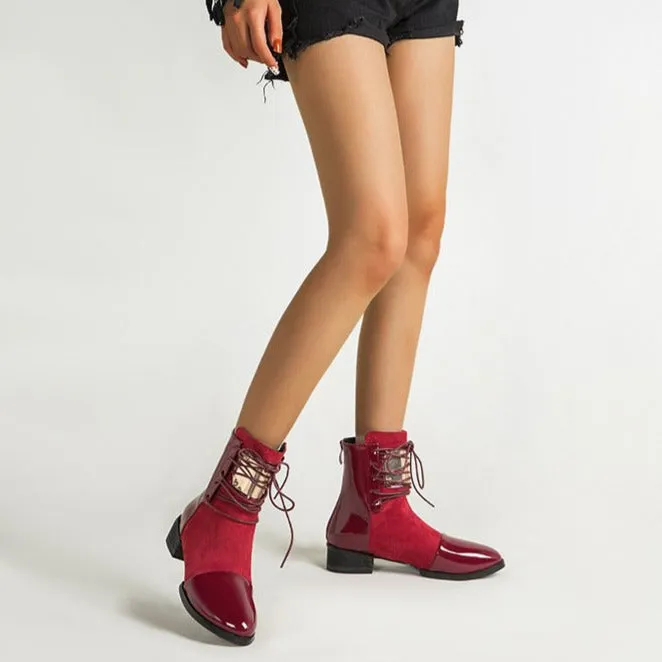 Lace-up Round Toe Low Heeled Back Zipper Boots