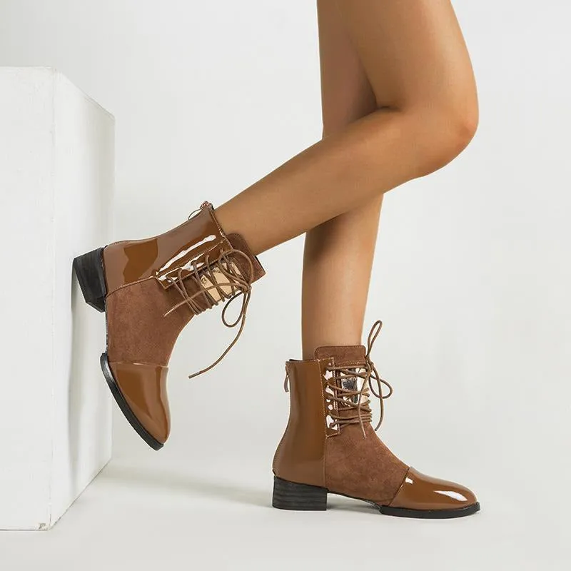 Lace-up Round Toe Low Heeled Back Zipper Boots