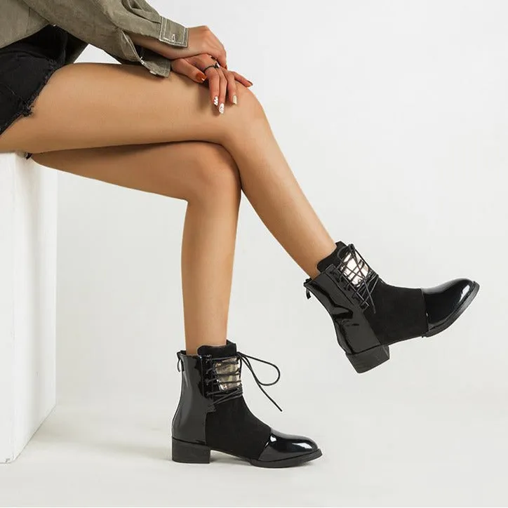 Lace-up Round Toe Low Heeled Back Zipper Boots