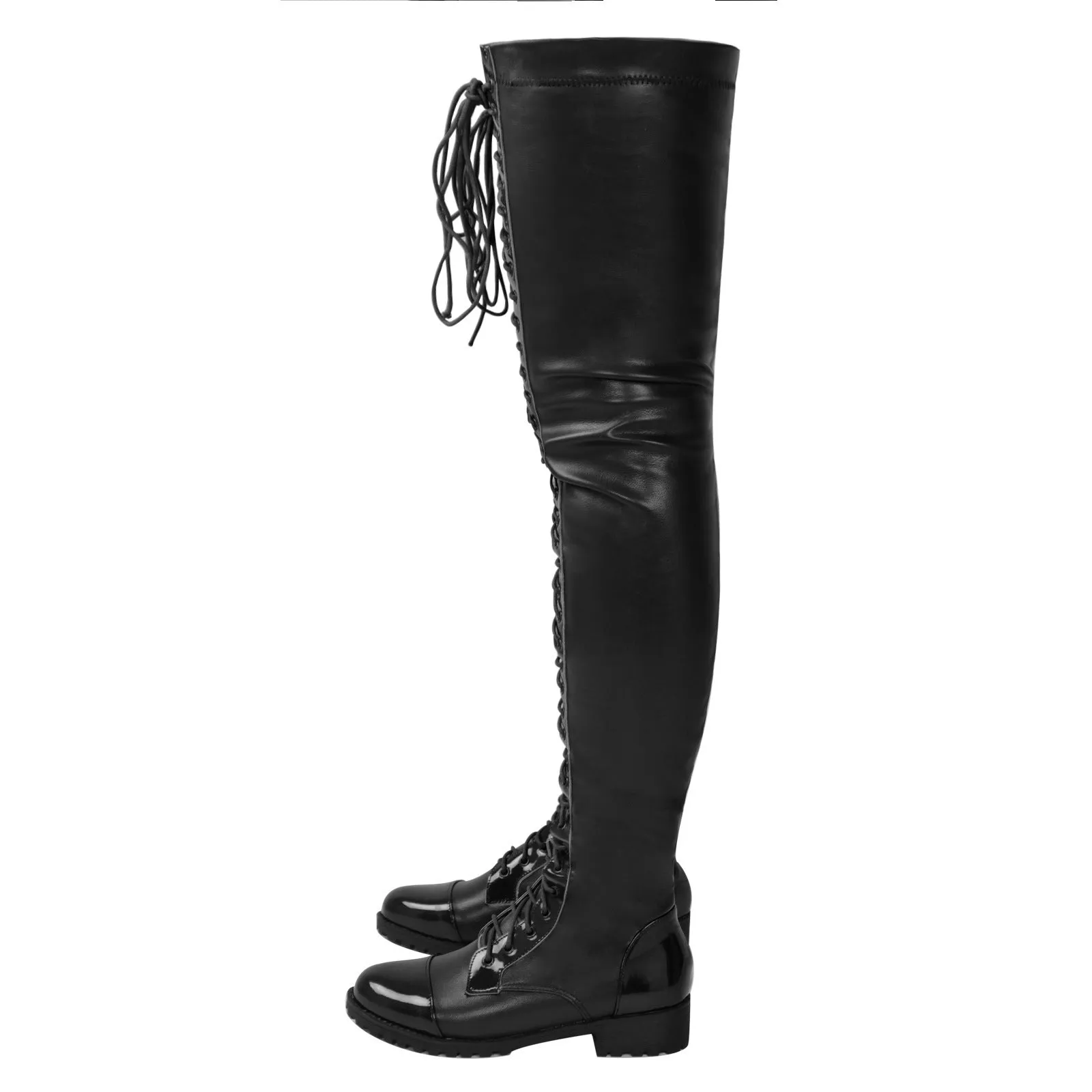 Lace-up Side Zip Low Heel Over The Knee Leather Boots