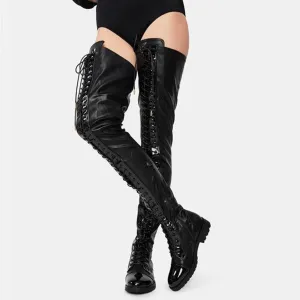 Lace-up Side Zip Low Heel Over The Knee Leather Boots