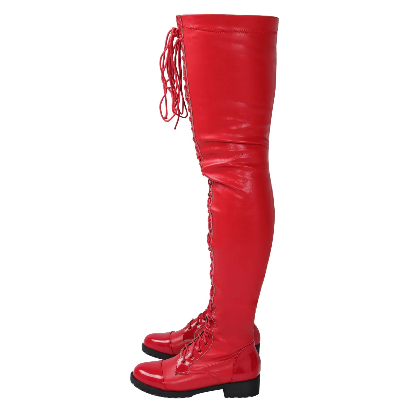 Lace-up Side Zip Low Heel Over The Knee Leather Boots