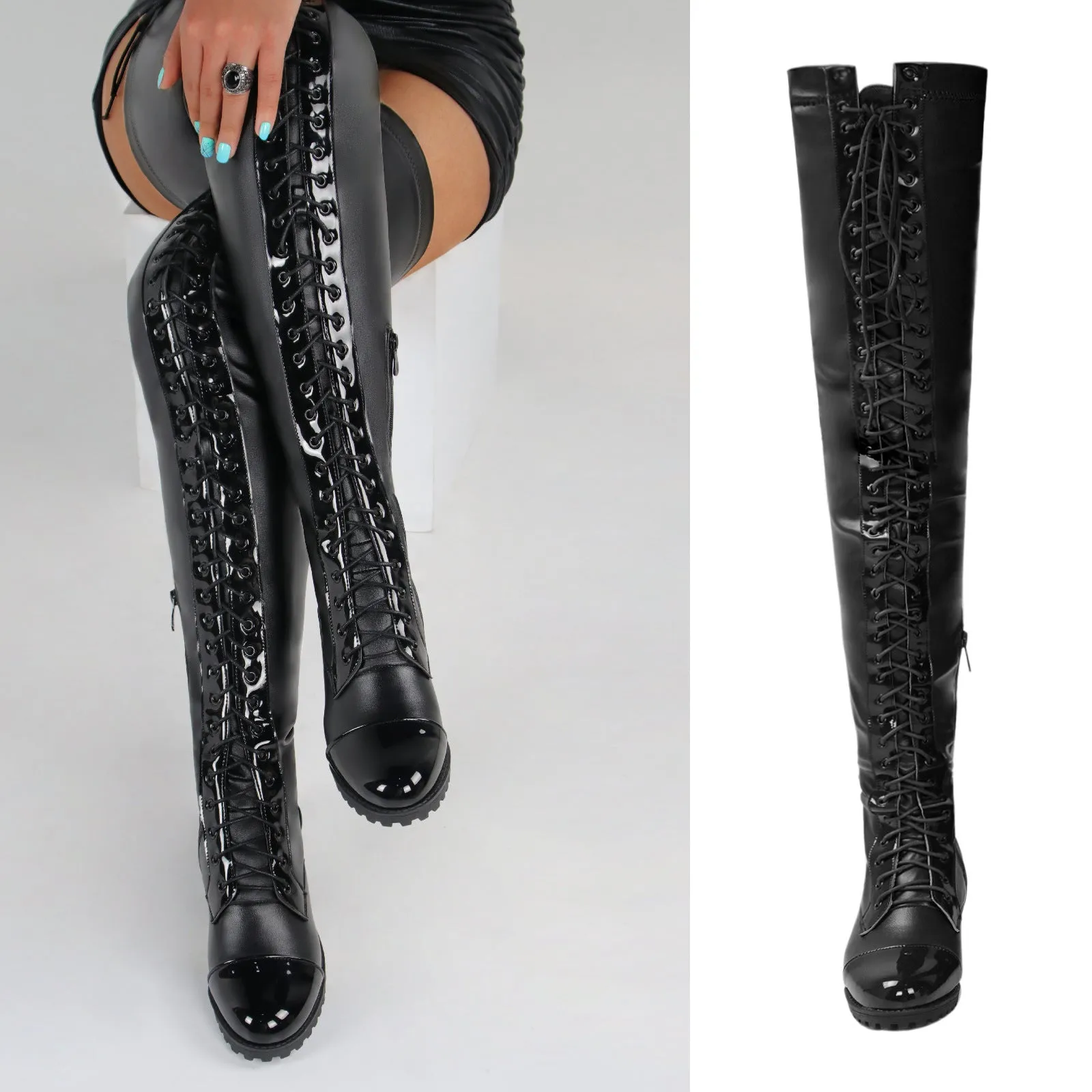 Lace-up Side Zip Low Heel Over The Knee Leather Boots