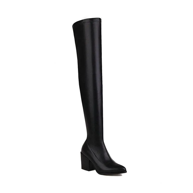 Ladies Chunky Heel Pointed Toe Thigh-high Boots