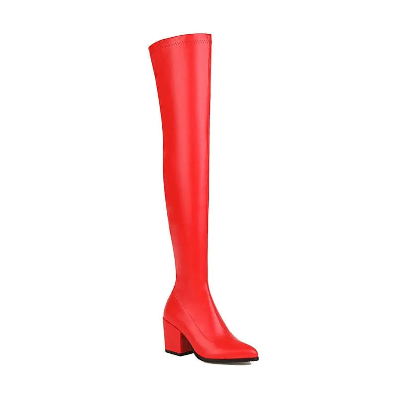 Ladies Chunky Heel Pointed Toe Thigh-high Boots