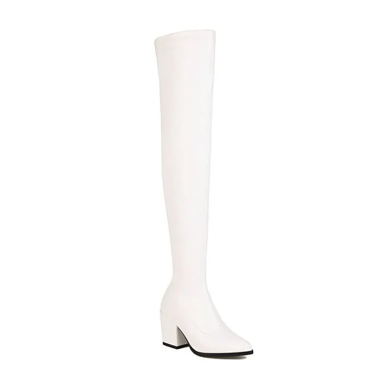 Ladies Chunky Heel Pointed Toe Thigh-high Boots