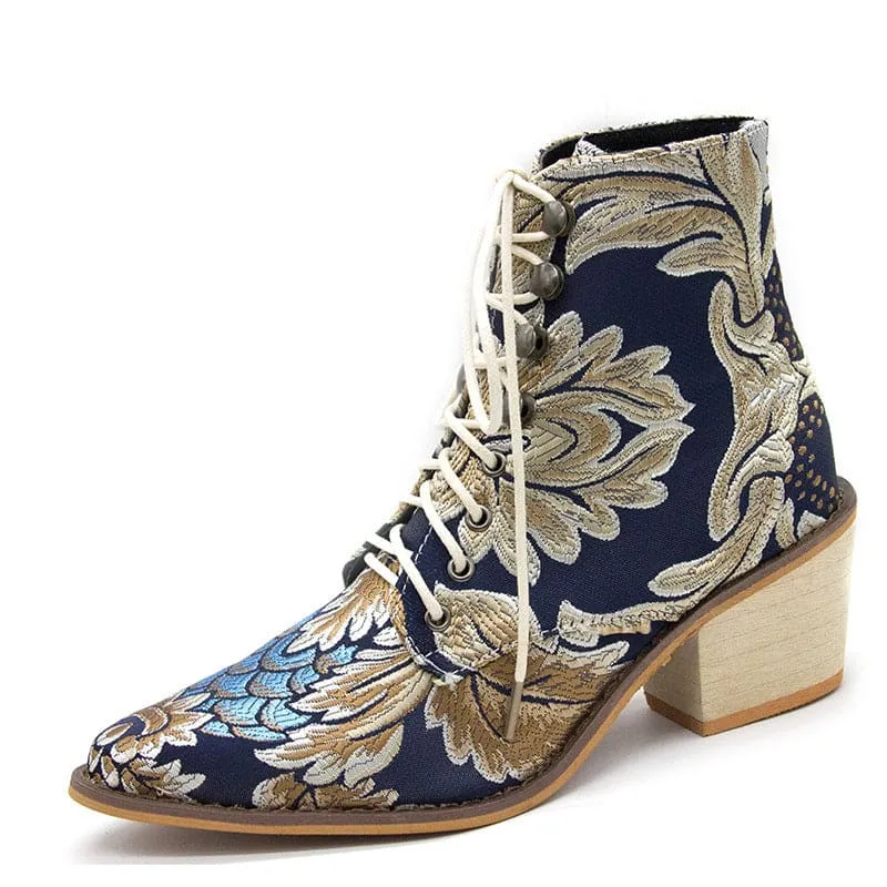 Ladies Satin Embroidered High Heel Pointed Ankle Boots