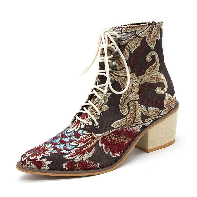 Ladies Satin Embroidered High Heel Pointed Ankle Boots