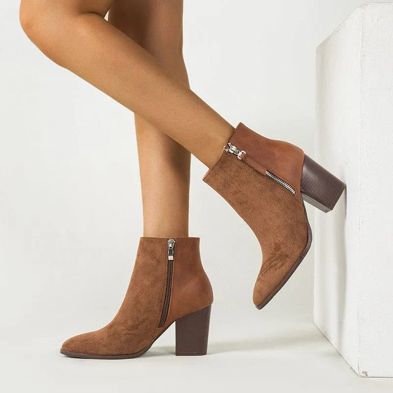 Ladies Short Faux Suede Colour Block High Heel Boots