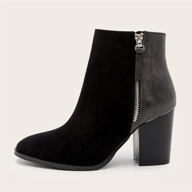 Ladies Short Faux Suede Colour Block High Heel Boots