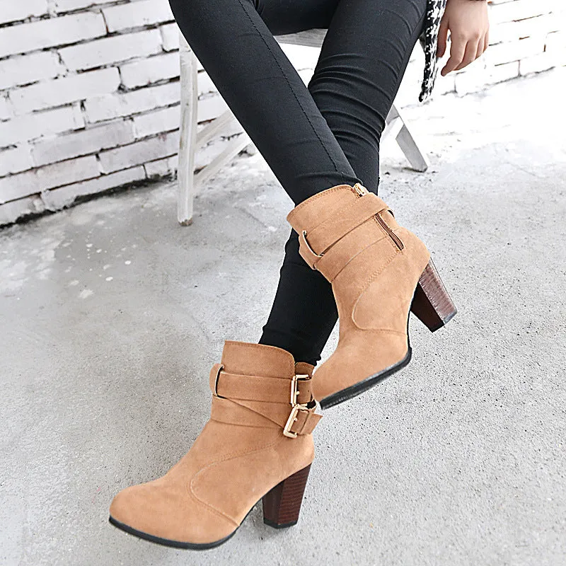 Leather Casual Women High Heels Pumps Warm Ankle Boots - Women's shoes