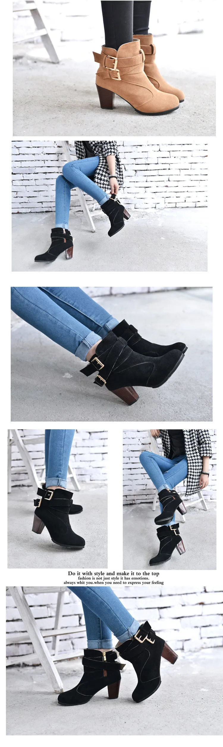 Leather Casual Women High Heels Pumps Warm Ankle Boots - Women's shoes