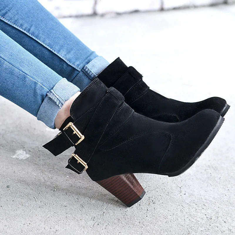 Leather Casual Women High Heels Pumps Warm Ankle Boots - Women's shoes