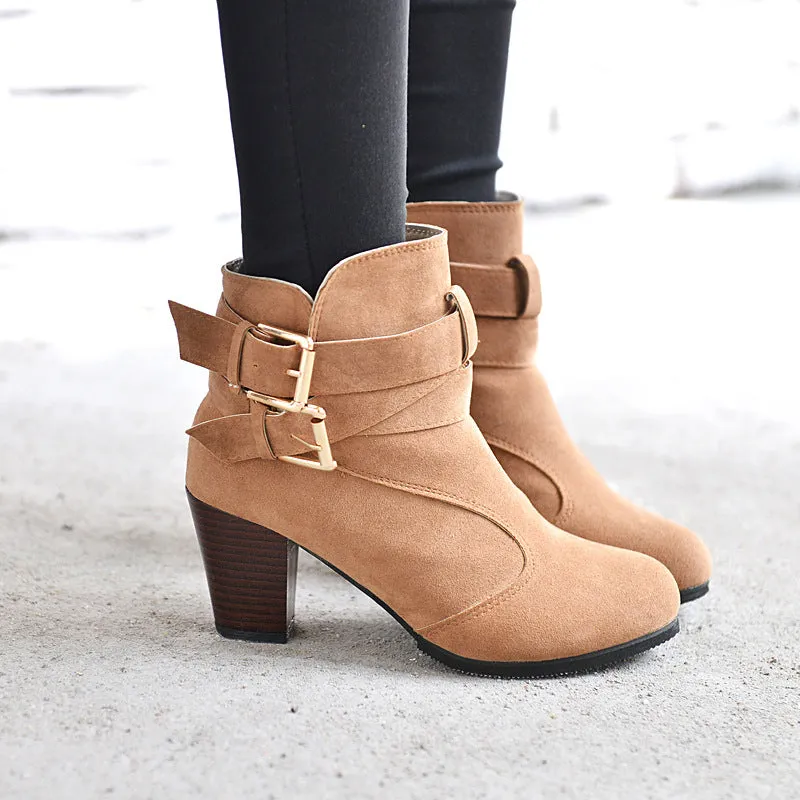 Leather Casual Women High Heels Pumps Warm Ankle Boots - Women's shoes