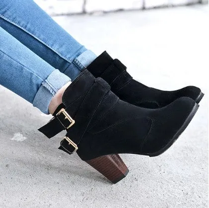 Leather Casual Women High Heels Pumps Warm Ankle Boots - Women's shoes