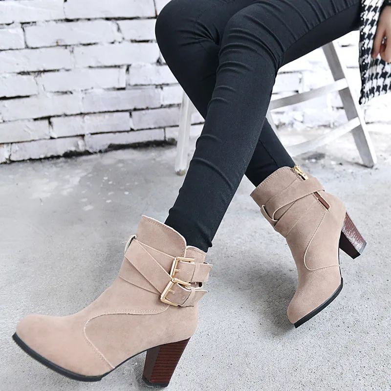 Leather Casual Women High Heels Pumps Warm Ankle Boots - Women's shoes