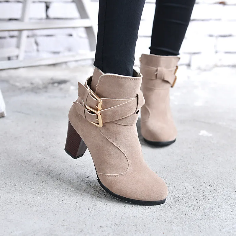 Leather Casual Women High Heels Pumps Warm Ankle Boots - Women's shoes