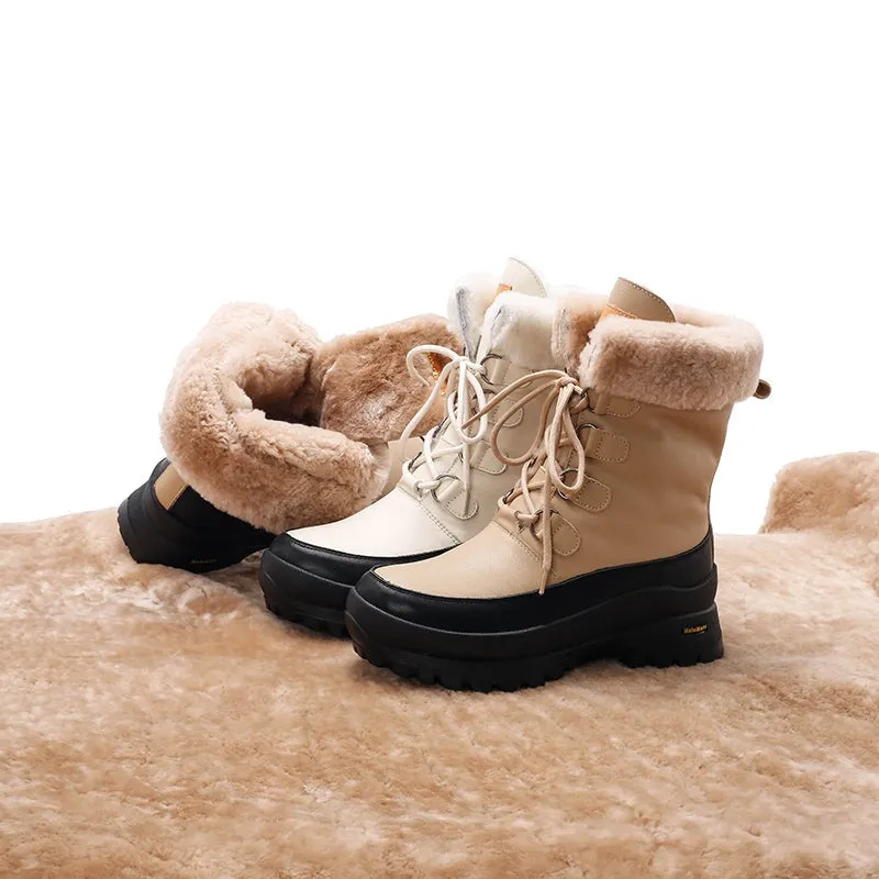 Leather Combat Boots Designer Chunky Boots Have Shearling Lined in Apricot/Beige