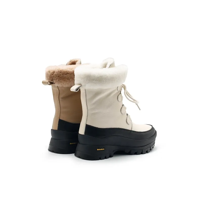 Leather Combat Boots Designer Chunky Boots Have Shearling Lined in Apricot/Beige