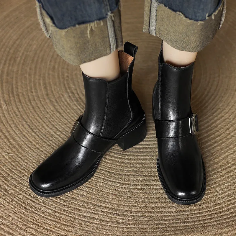 Leather Short Boots Designer Retro Block Heel Chelsea Boots in Brown/Black