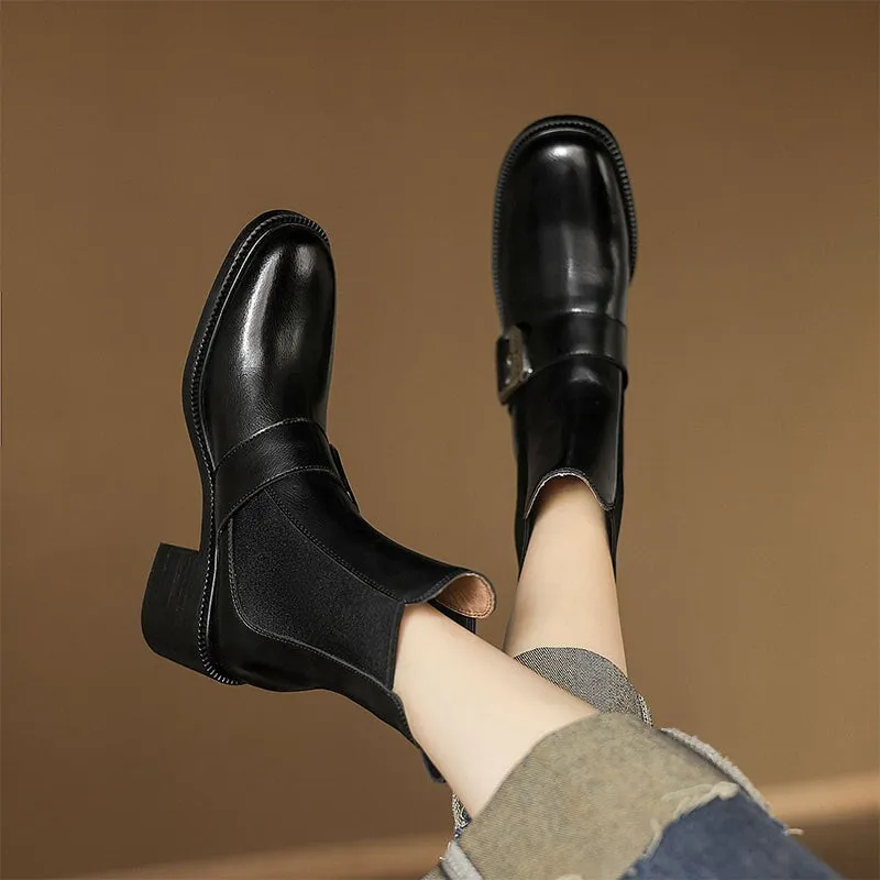 Leather Short Boots Designer Retro Block Heel Chelsea Boots in Brown/Black