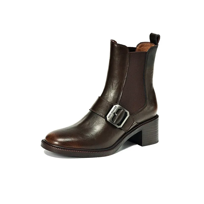 Leather Short Boots Designer Retro Block Heel Chelsea Boots in Brown/Black