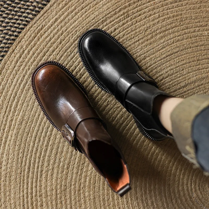 Leather Short Boots Designer Retro Block Heel Chelsea Boots in Brown/Black