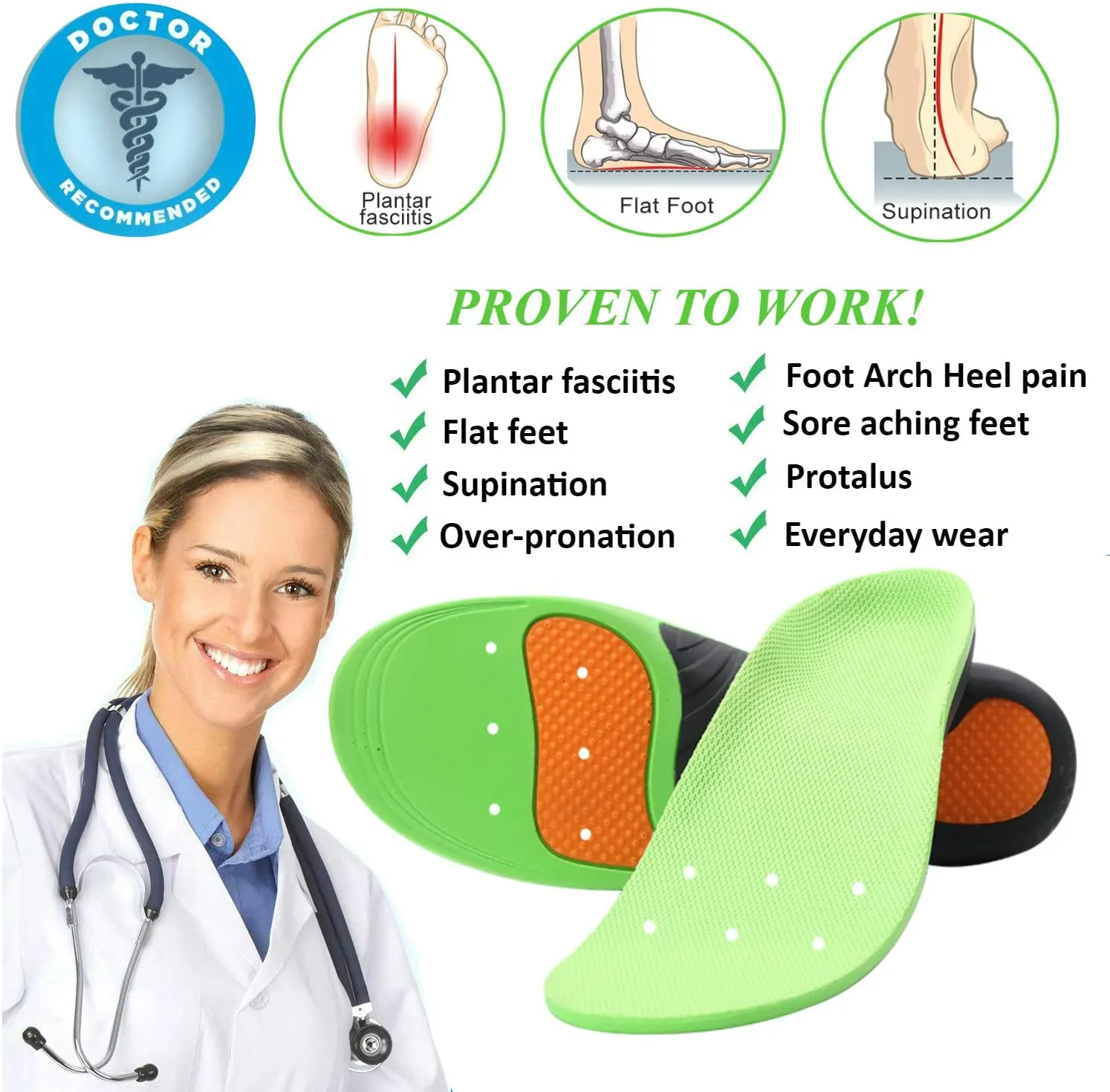 Lexniush | Plantar Fasciitis Arch Support Shoe Inserts | Insoles Orthotic Inserts for Flat Feet | Green