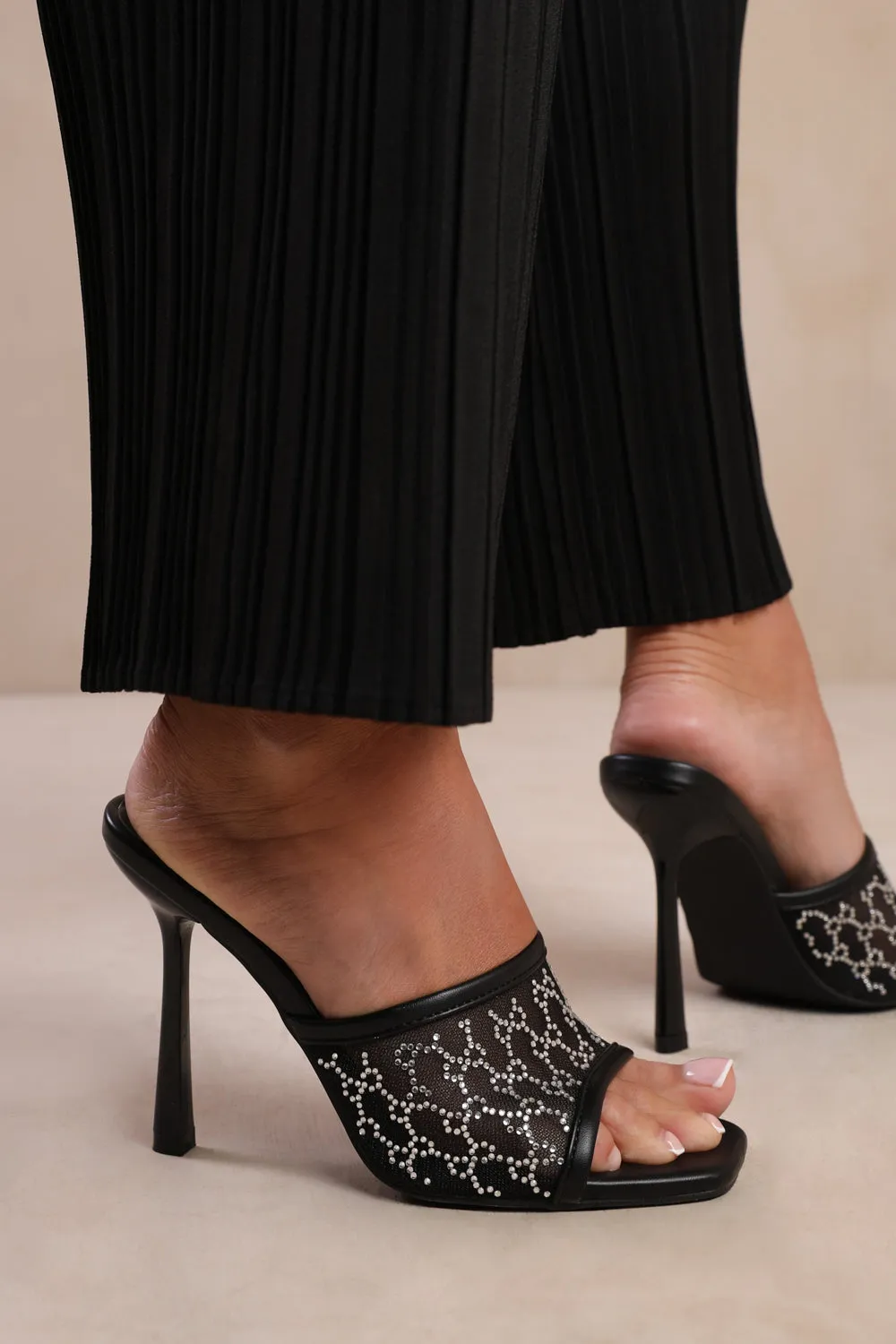 LISBON DIAMANTE MESH PEEP TOE MULES IN BLACK