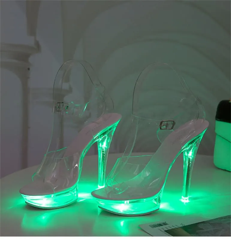 Luminous Stiletto Platform Sheer Model Crystal Sandals in Neon Pink