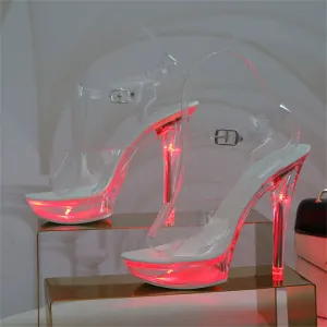 Luminous Stiletto Platform Sheer Model Crystal Sandals in Neon Pink