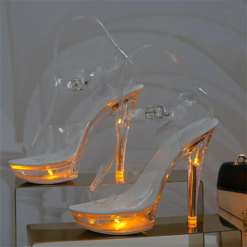 Luminous Stiletto Platform Sheer Model Crystal Sandals in Neon Pink