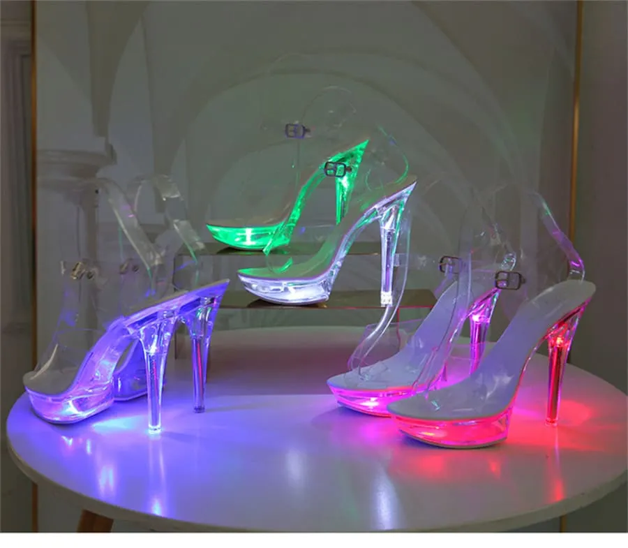 Luminous Stiletto Platform Sheer Model Crystal Sandals in Neon Pink