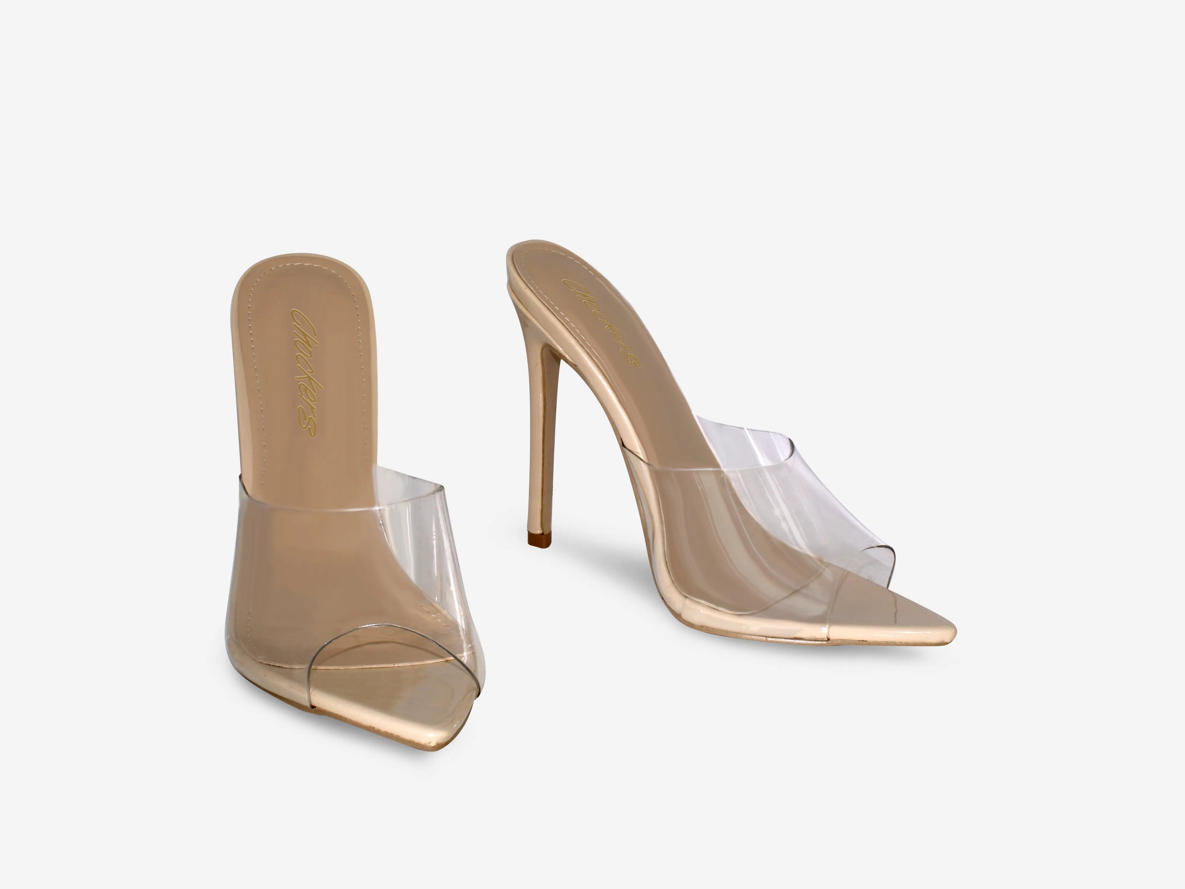 Maddie -  Nude Patent Pointed Toe Perspex Peep Toe Heel