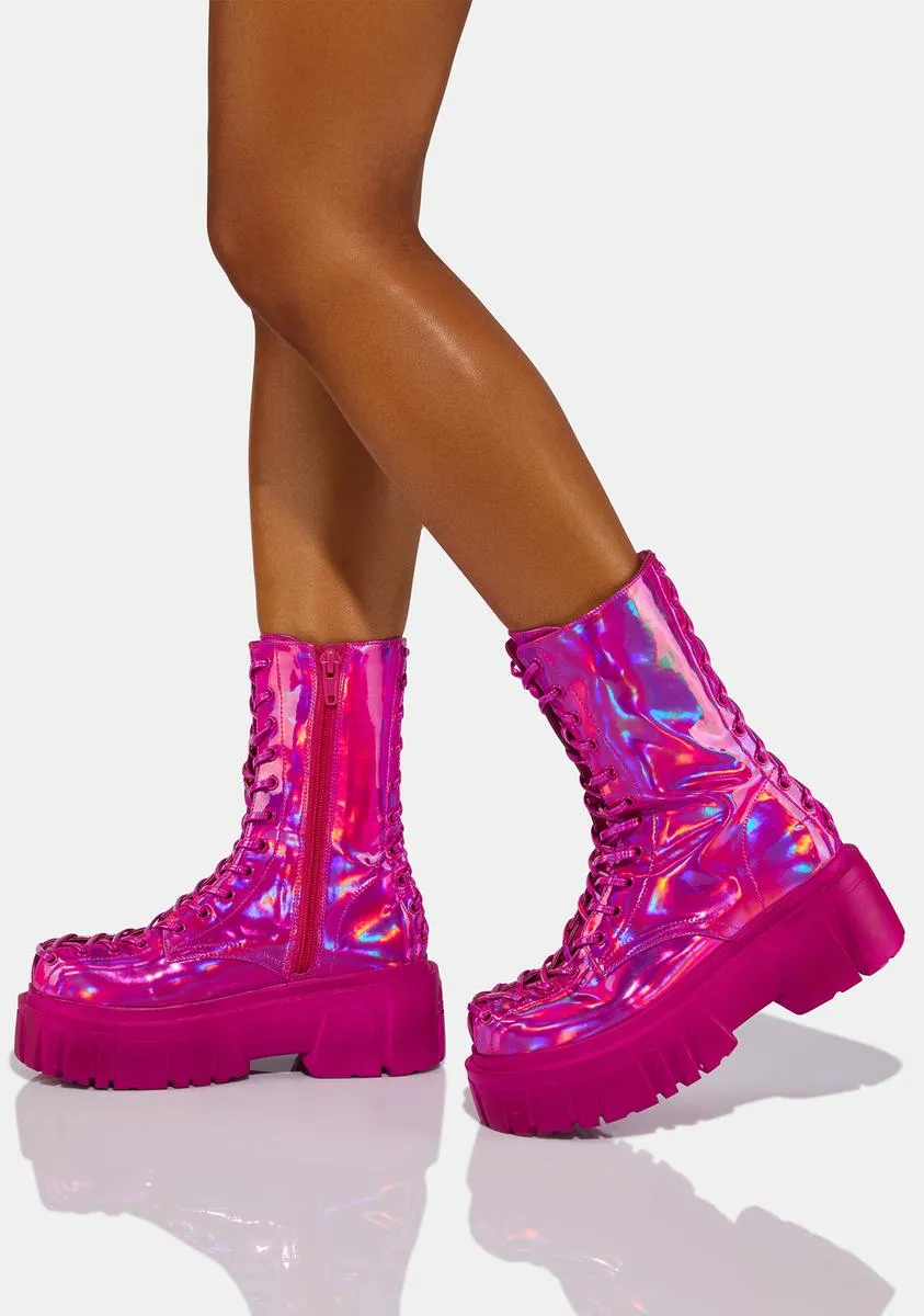 Magenta Celestial Candy Holographic Corset Boots