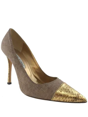 Manolo Blahnik Bipunta Embossed Linen Cap Toe Pump Size 10.5