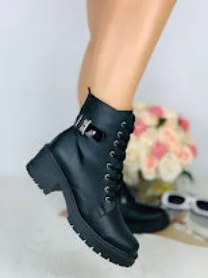 Matte Black Buckle Combat Boots