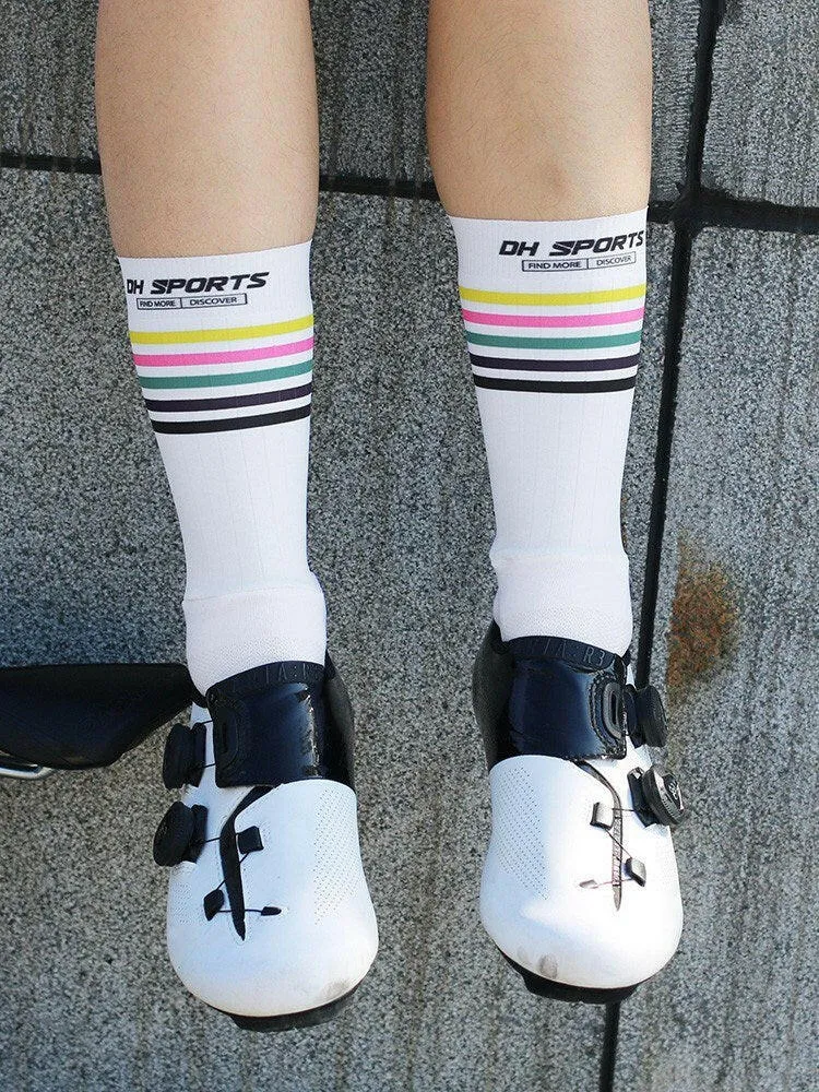 Men Women Bike Socks Splicing Stripes Print Breathable Anti-Slip Stretchy Soft Bicycle Racing Hiking Cycling Stockings