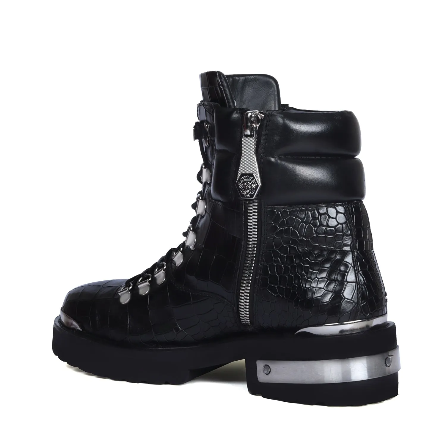 Metal Plate Black Lace-Up Chunky Boots in Croco Textured Leather with Zip Closure By Brune & Bareskin