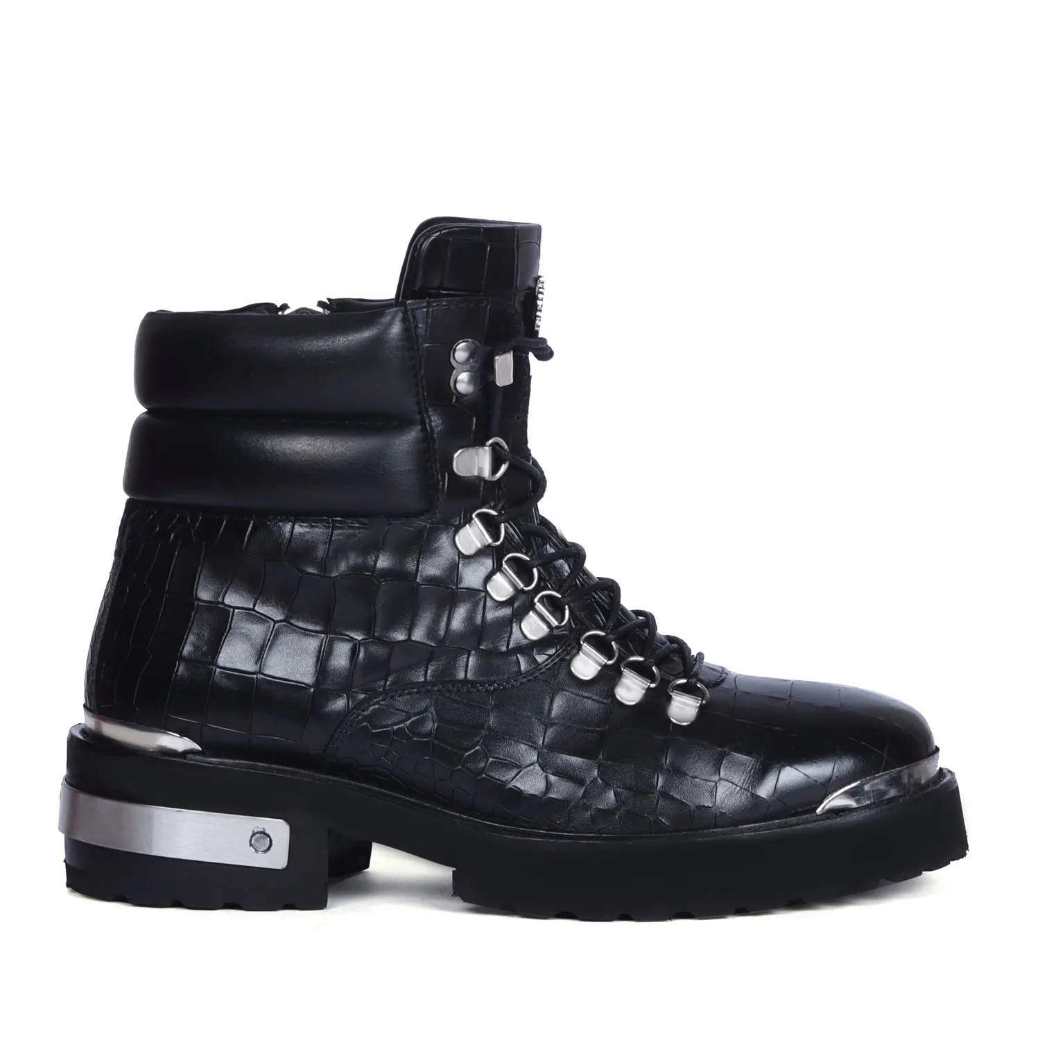 Metal Plate Black Lace-Up Chunky Boots in Croco Textured Leather with Zip Closure By Brune & Bareskin