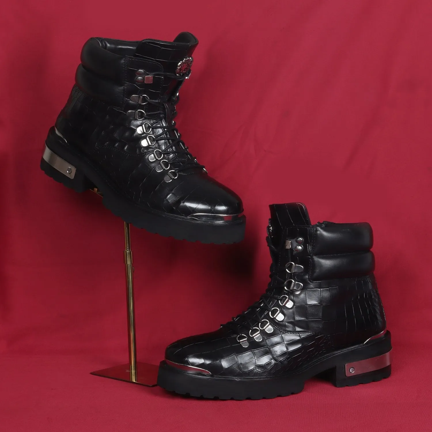 Metal Plate Black Lace-Up Chunky Boots in Croco Textured Leather with Zip Closure By Brune & Bareskin