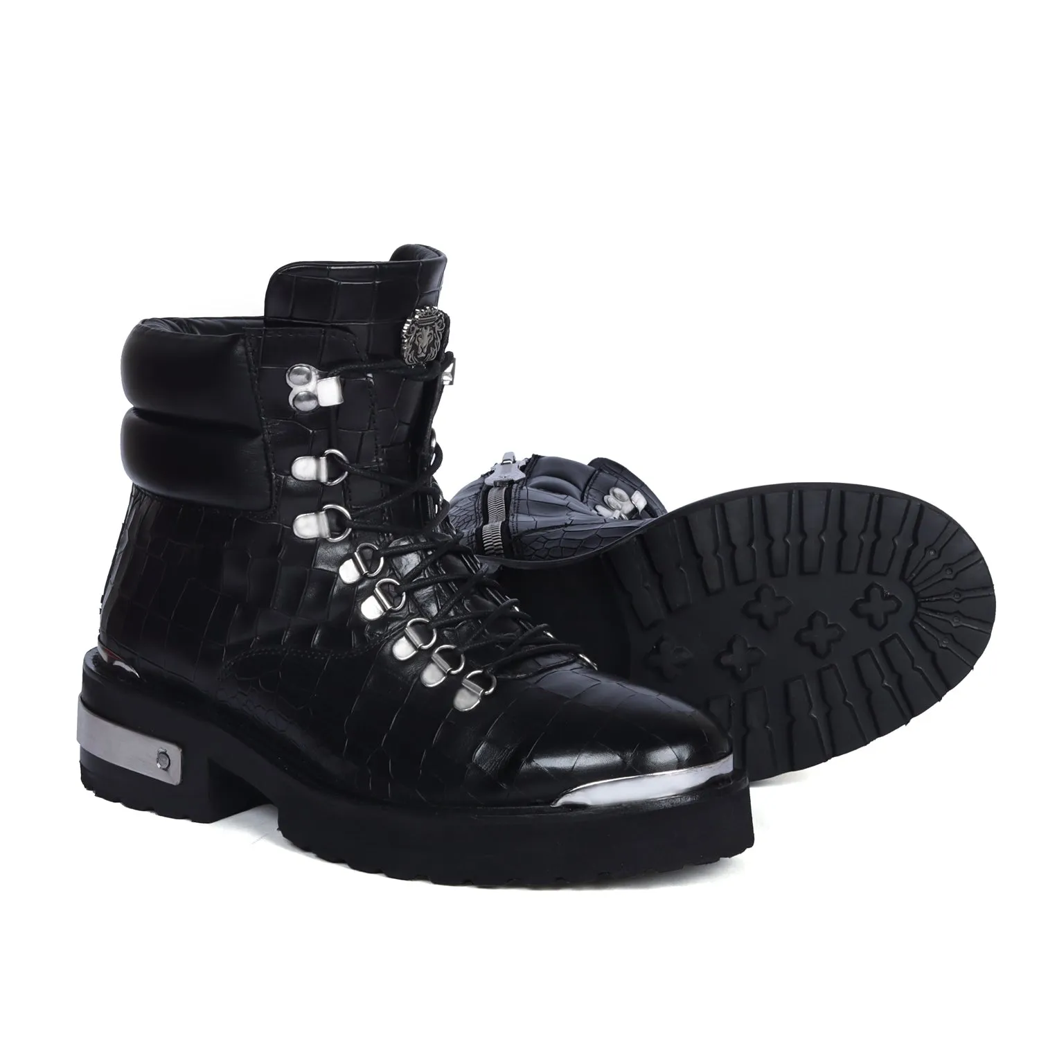 Metal Plate Black Lace-Up Chunky Boots in Croco Textured Leather with Zip Closure By Brune & Bareskin