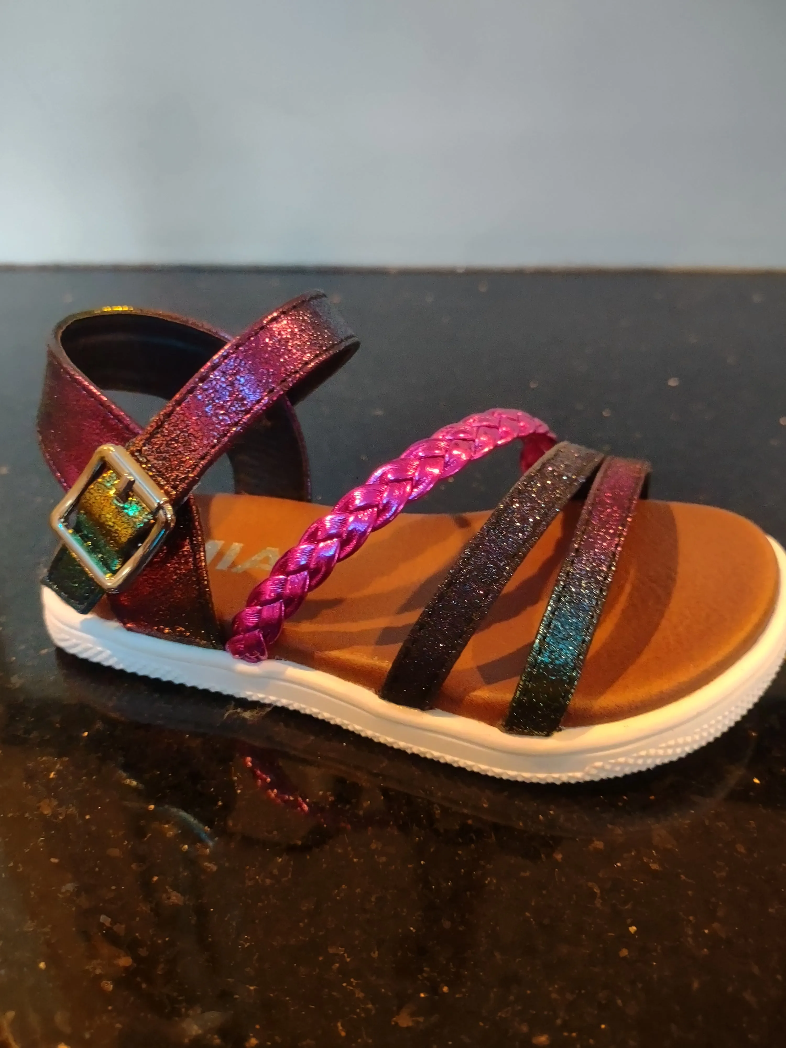 Metallic Fuchsia and multi colored Girls Sandal | Mini Mia Little Missy