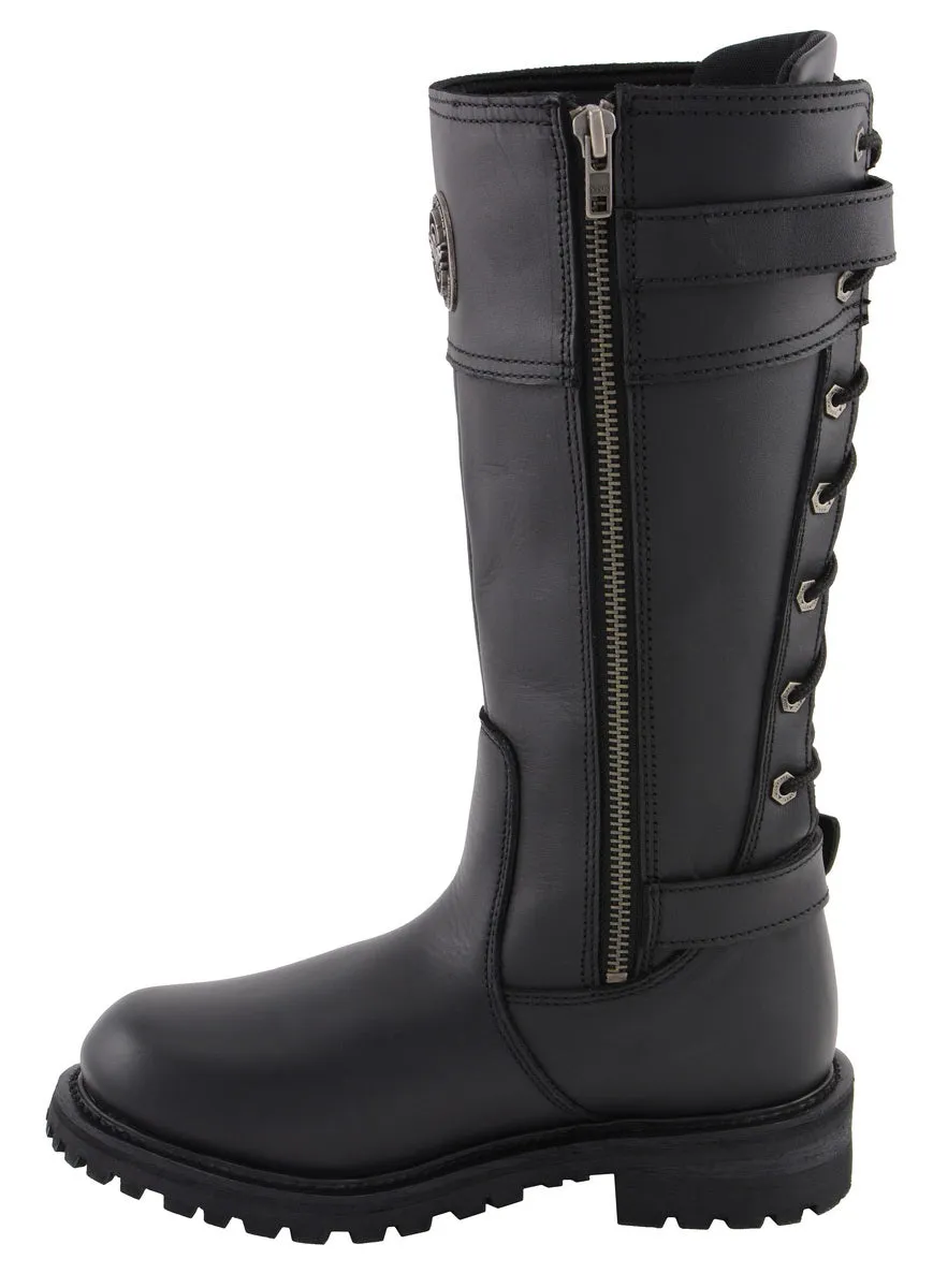 Milwaukee Leather MBL9385 Women's Black 15-Inch Calf Laced Leather Riding Boots with Side Zipper