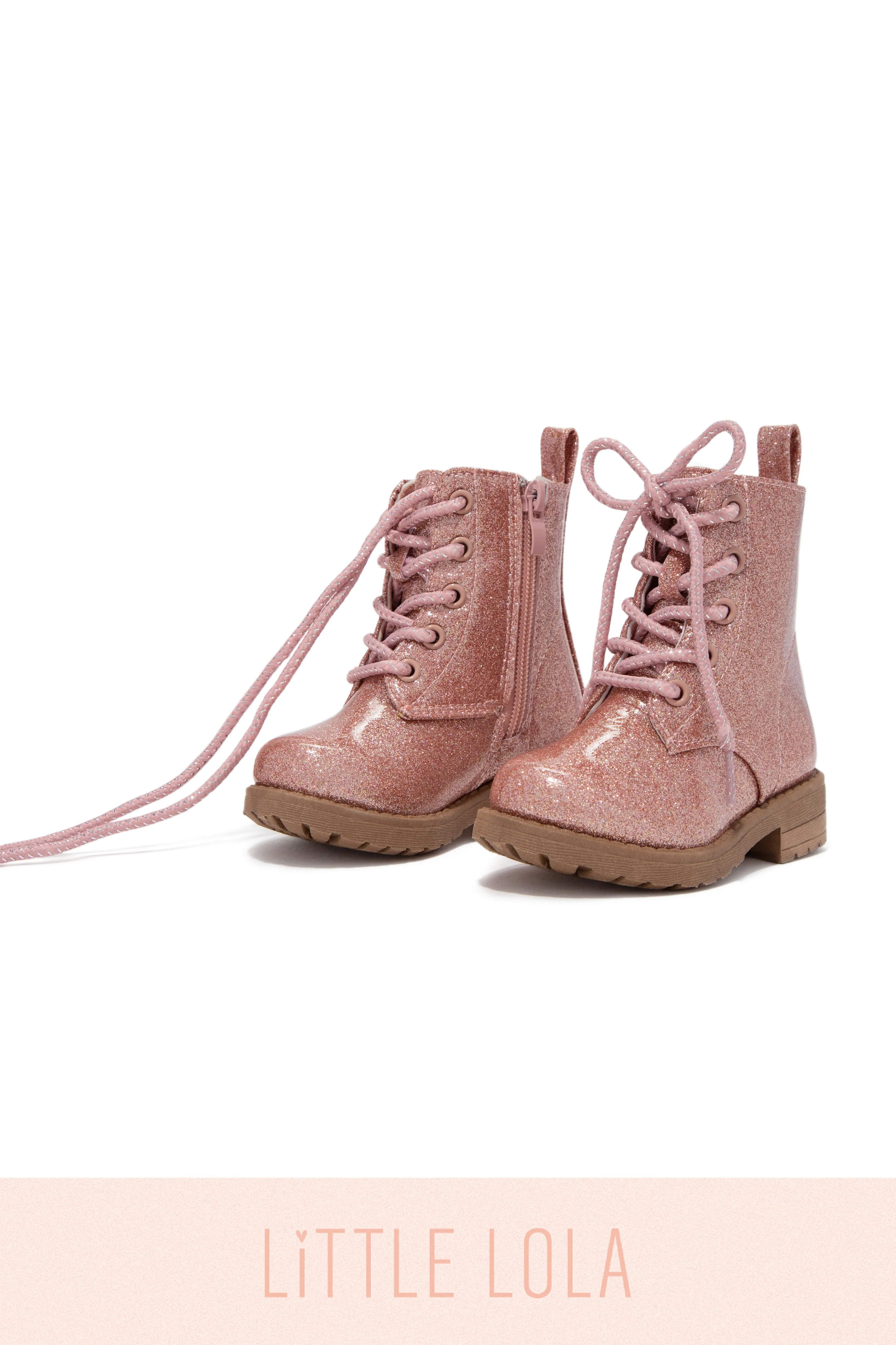 Mini Attitude Kids Glitter Lace Up Combat Boots - Pink